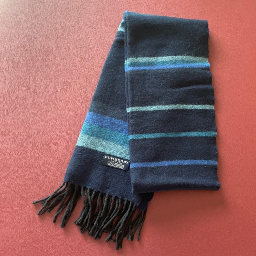 burberry scarf 100% cashmere navy blue stripes